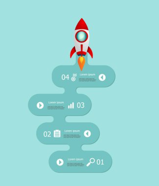 Roket fırlatma vektör arka plan ile başlangıç infographics 4 merdiven çizimi
