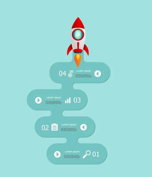 Ilustración Las Infografías Inicio Pasos Con Lanzamiento Cohetes Vector Fondo — Vector de stock