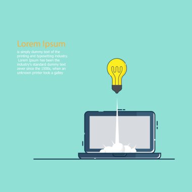 illustration of business startup concept bulb idea launch from laptop vector flat design clipart