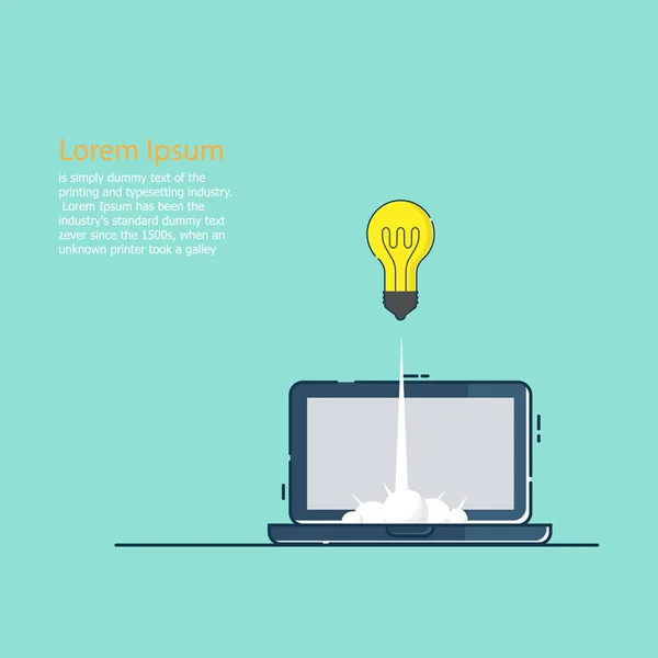 Illustratie Van Business Opstarten Concept Lamp Idee Lanceren Van Laptop — Stockvector