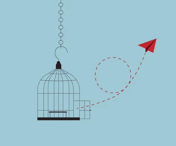 illustration of think different and freedom concept red paper airplane flying from cage vector flat design