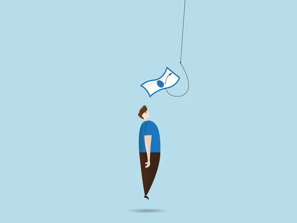 Homme volant avec de l'argent sur crochet de pêche — Image vectorielle