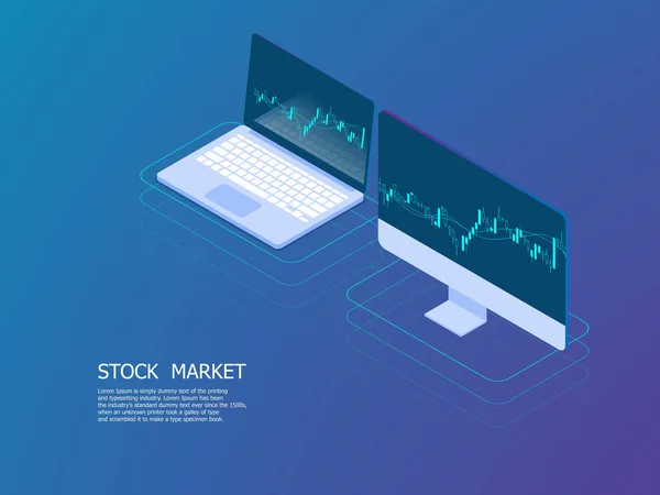 Laptop en PC met kaars stok grafiek — Stockvector