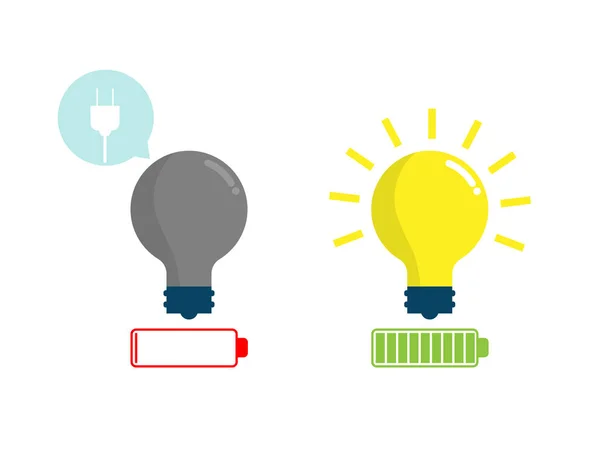 Bateria cheia e fraca para ideia de lâmpada — Vetor de Stock