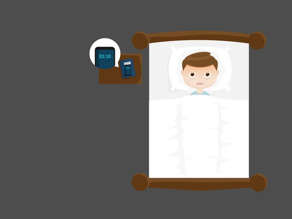 Безсонний чоловік на ліжку вночі — стоковий вектор
