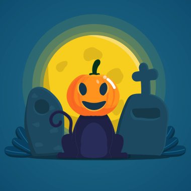 Cadılar Bayramı balkabağı maskesi takan kedi Cadılar Bayramı Cadılar Bayramı gecesi çizgi film çizimi düz tasarım