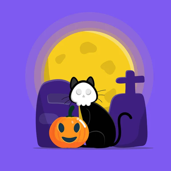 Cute Cat Wearing Skull Mask Sitting Tombstone Pumpkin Halloween Night — Stock Vector