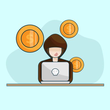 Hacker ve laptop karikatür vektör çizimi