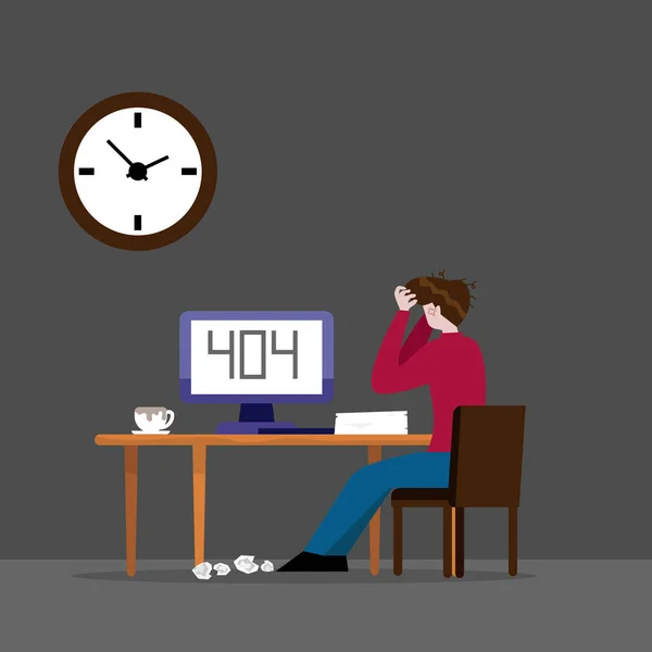 Trabalhando Homem Erro 404 Computador Noite Desenho Animado Ilustração Vetorial — Vetor de Stock