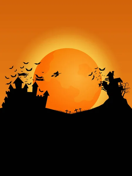 Heureux Halloween Fond Silhouette Château Avec Chauves Souris Illustration Vectorielle — Image vectorielle