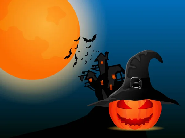 Halloween Night Pumpkins Wearing Witch Hat Cartoon Vector Illustration — Stock Vector