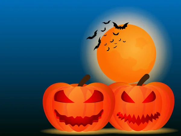 Pumpkins Bat Halloween Night Cartoon Vector Illustration — Stock Vector