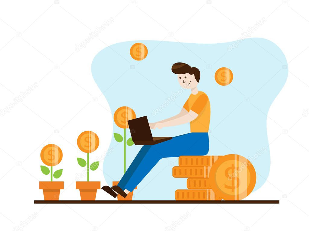 man sitting on money coin stack and working with laptop cartoon vector illustration