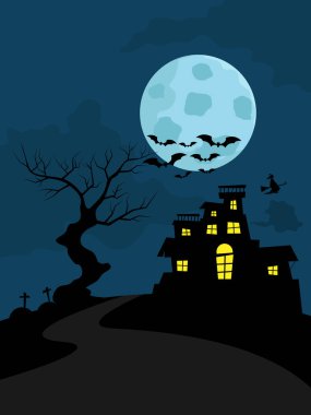 Cadılar bayramı için arka planda perili ev, vektör illüstrasyonu