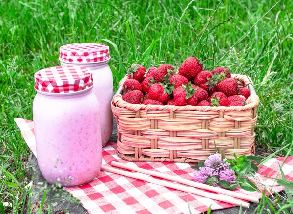 Milkshake Strawberry Basket Green Grass Summer Picnic — Stock Photo, Image