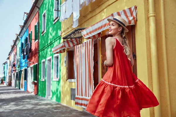 Young Fashionable Woman Romantic Red Dress Straw Hat Braid Hairstyle — Stock Photo, Image