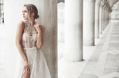 Uzun zarif lüks güzel gelin Fildişi elbise ve dağınık kabarık saç modeli, Venedik, İtalya sütunlarda yakınındaki poz