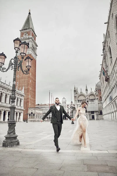 Portrait Happy Romantic Wedding Couple Bearded Man Green Suit Beautiful Royalty Free Stock Photos