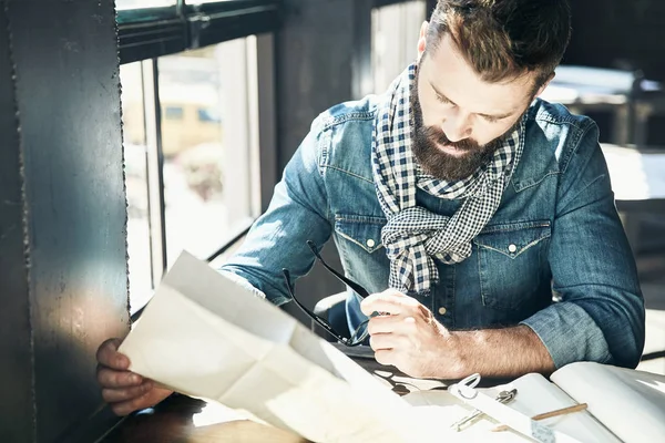 Serious Man Architect Dark Hair Beard Weared Denim Jacket Scarf — Stock Photo, Image