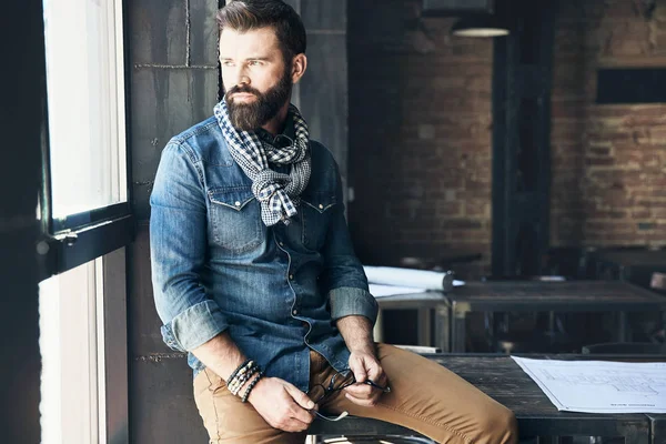 Pensive Young Man Dark Hair Beard Weared Denim Jacket Scarf — Stock Photo, Image