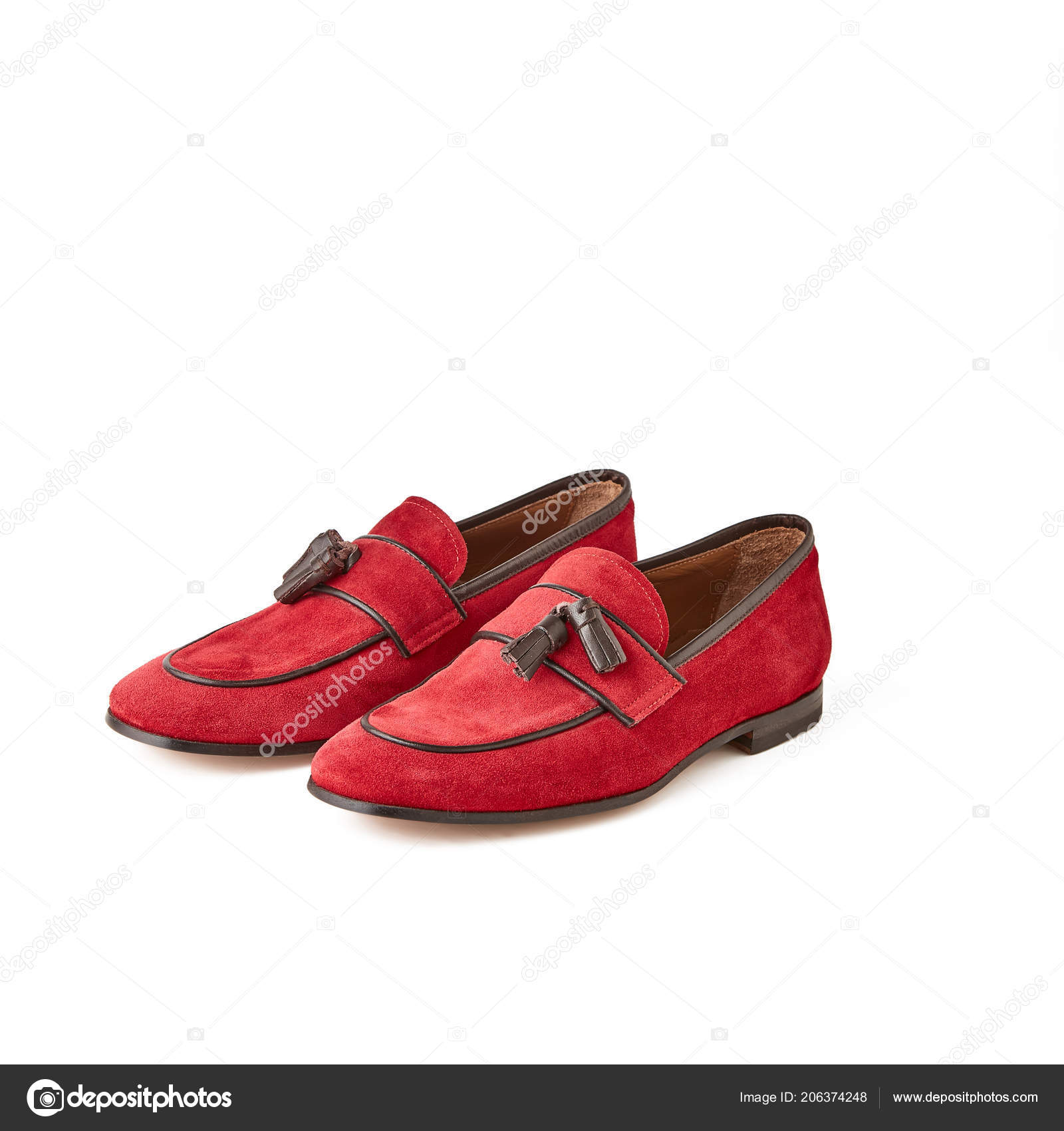 Men’s Red Suede Loafers Shoes Studio Shot White Background Stock Photo