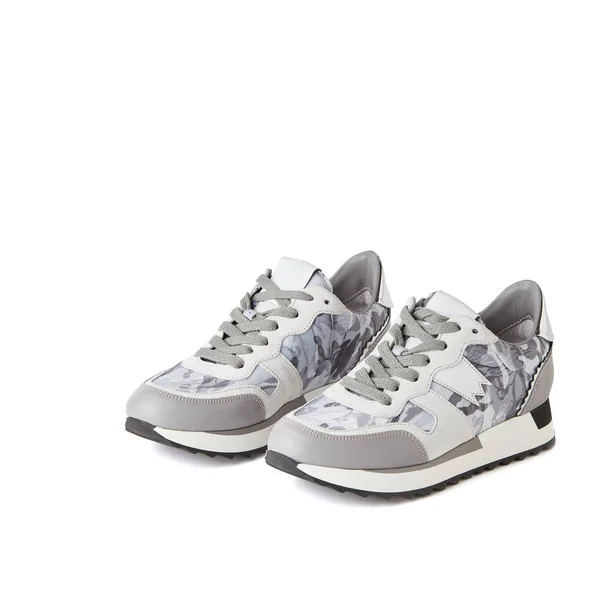 Gray White Glamorous Sneakers Fabric Insert Studio White Background — Stock Photo, Image