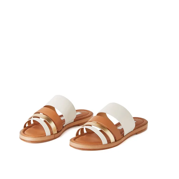 Womans White Gold Orange Brown Flat Sandals White Background — Stock Photo, Image