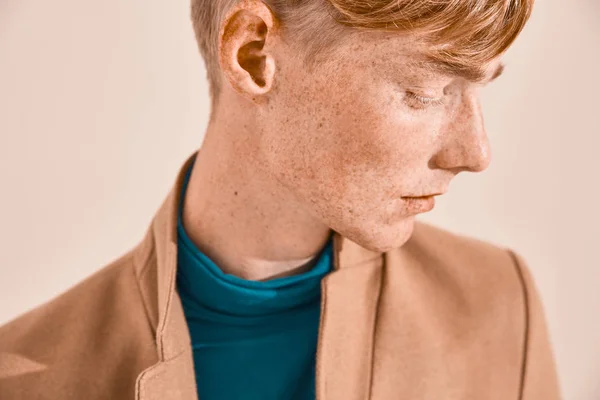 Close Portrait Young Man Red Hair Freckles Dressed Turquoise Throat — Stock Photo, Image