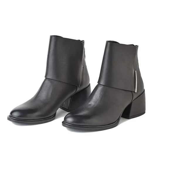 Women Black Leather Boots Block Heels Isolated White Background — Stock Photo, Image
