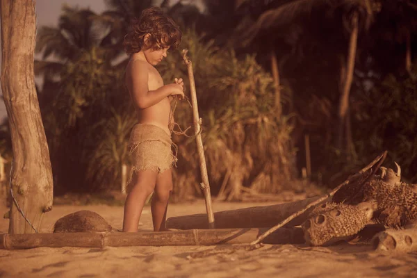 Mowgli Boy Curly Hair Playing Stick Rope Tropical Trees Background — Stock Photo, Image