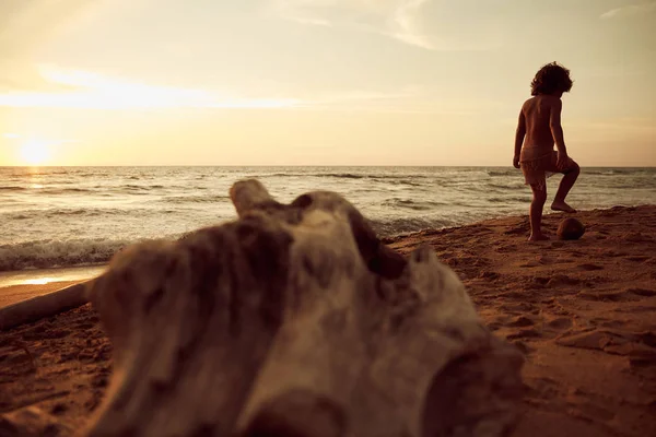 卷发的无忌男孩把脚放在椰子上 背景上的海洋 金色日落 — 图库照片