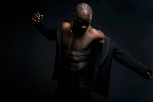 Dark Key Portrait Sexy Dancer Man Topless Jacket Shoulders Chainlet — Stock Photo, Image