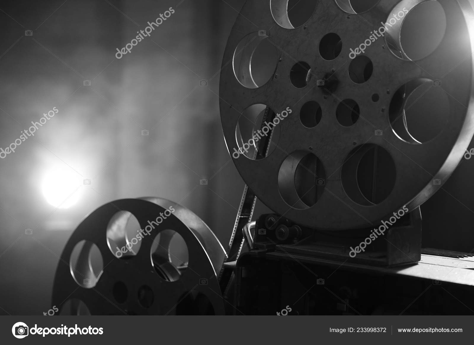 Vintage Movie Projector Film Reels Black White Still Life Close Stock Photo  by ©mochak 233998372