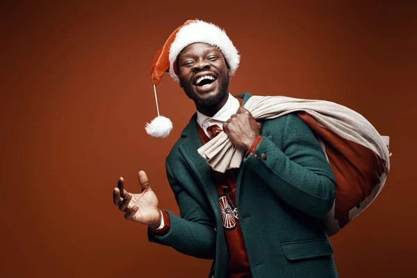 Modern Santa Claus Smiling Emotional Man Posing Green Coat Red — Stock Photo, Image