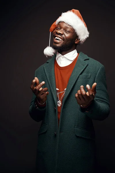 Modern Santa Claus Smiling Man Green Coat Red Sweater Santa — Stock Photo, Image