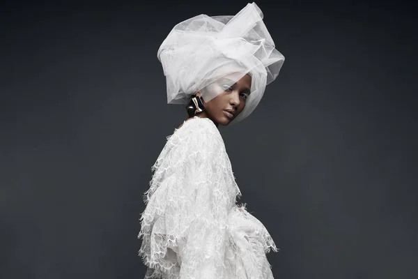 Fashion Portrait Woman White Lace Dress White Veil Head Tie — Stock Photo, Image