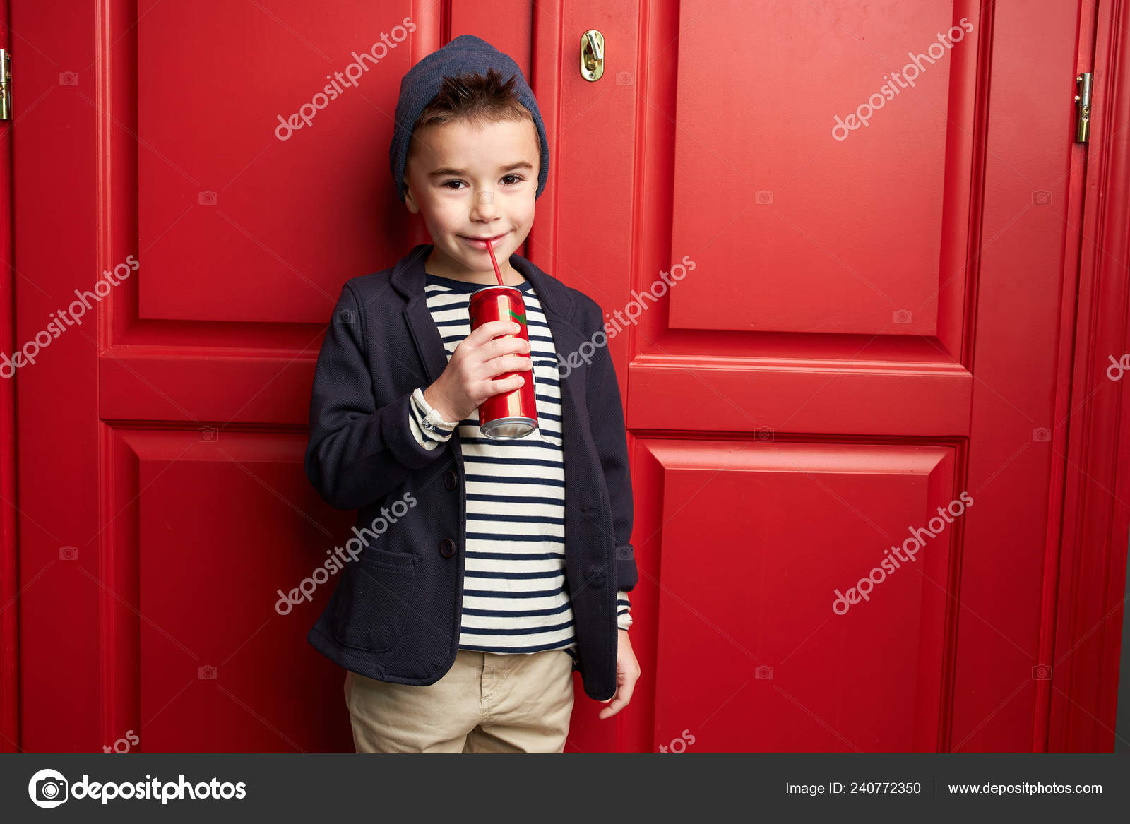 Little Boy Model Posing Stylish Wear Drinking Soda Studio Shot