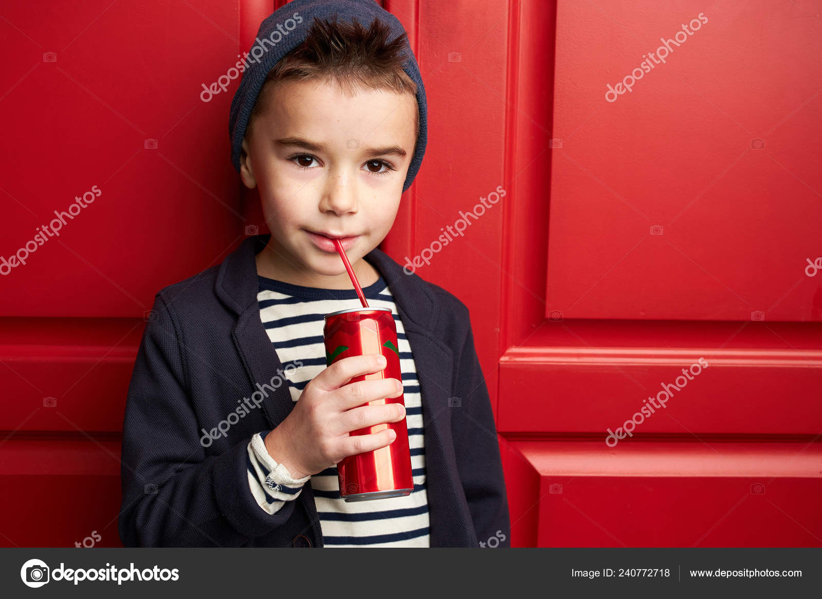 Little Boy Model Posing Stylish Wear Drinking Soda Studio Shot