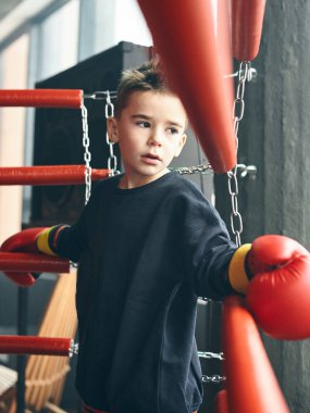 Küçük boksör çocuk kırmızı eldiven ringde tutuyoruz. Stüdyo vurdu 