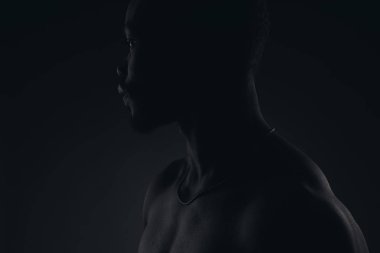 Genç kas gömleksiz erkek model boyun zinciri ile karanlık anahtar profil portresi. 