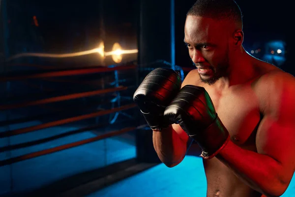 Hombre Agresivo Musculoso Boxeando Ring Estudio Tiro Luz Roja Azul —  Fotos de Stock