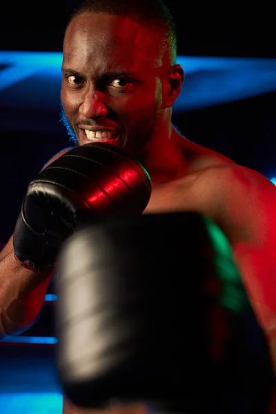 Hombre Agresivo Musculoso Boxeando Ring Estudio Tiro Luz Roja Azul —  Fotos de Stock