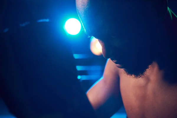 Close Portrait Concentrated Boxer Ring Studio Shot Blue Light Light — Stock Photo, Image