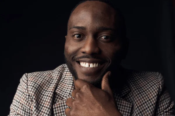 Dark Key Portrait Smiling Man Dark Eyes Weared Plaid Suit — Stock Photo, Image