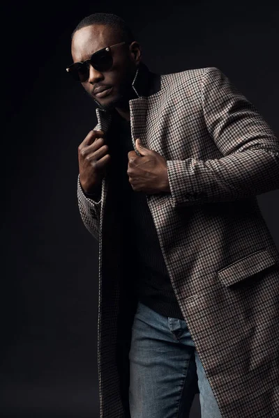 Serious Cool Man Dark Sunglasses Black Sweater Brown Plaid Coat — Stock Photo, Image