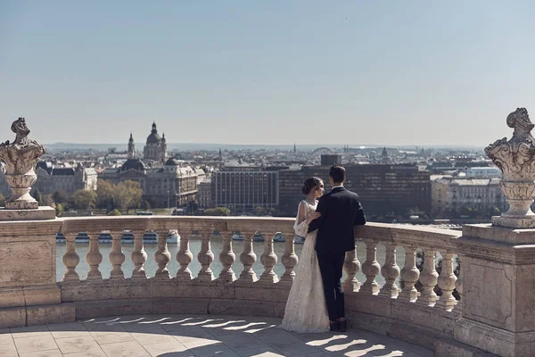 Wedding in Budapest. Elegant luxury couple standing near ancient building. Budapest view. Royal wedding