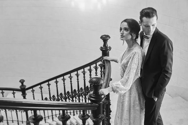Wedding Day Elegant Luxury Couple Standing Stairs Black White Royal — Stock Photo, Image