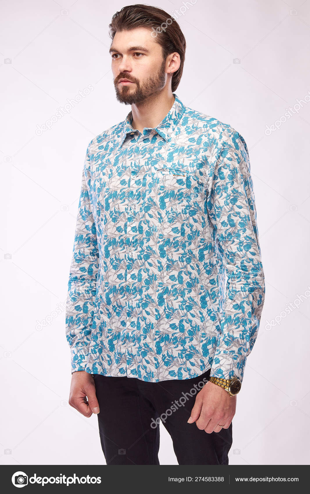 Fashion Portrait Young Male Model Dark Hair Beard Posing