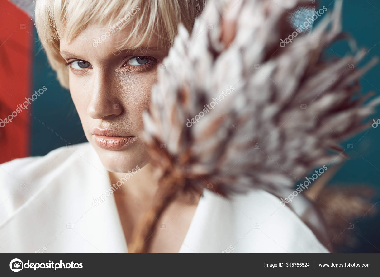 Portrait Beautiful Girl Blue Eyes Short Blonde Hair She Has