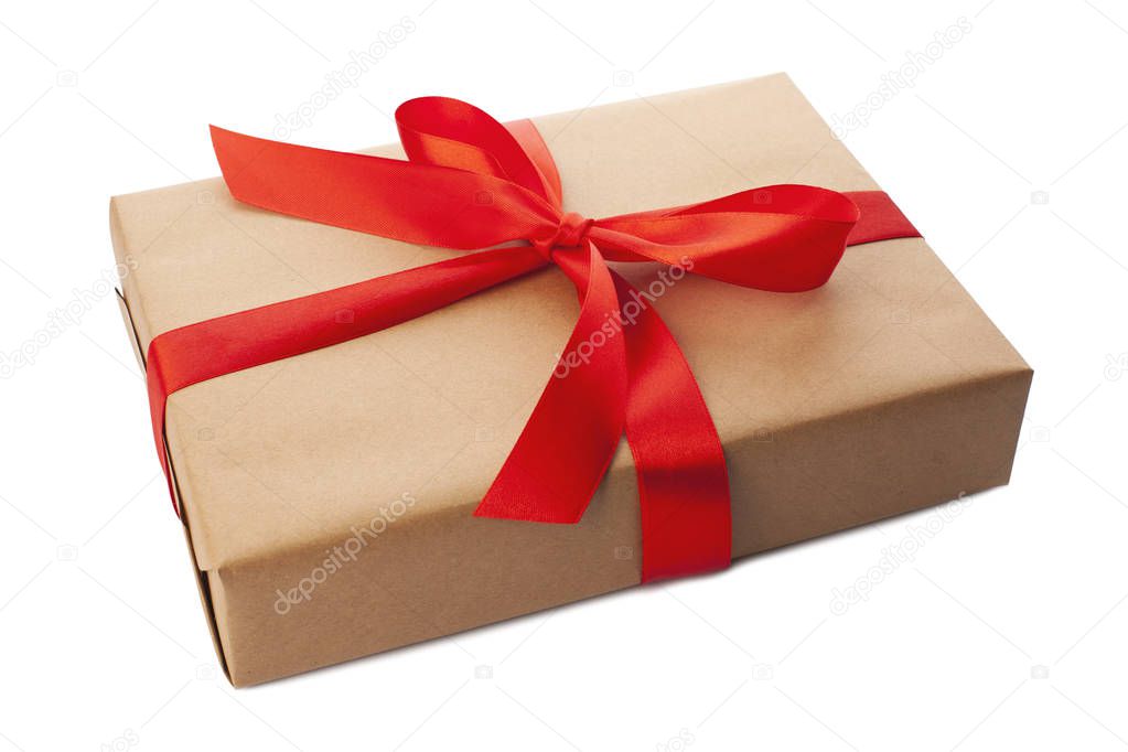 Beautiful wrapped gift box on white background. Present for Christmas